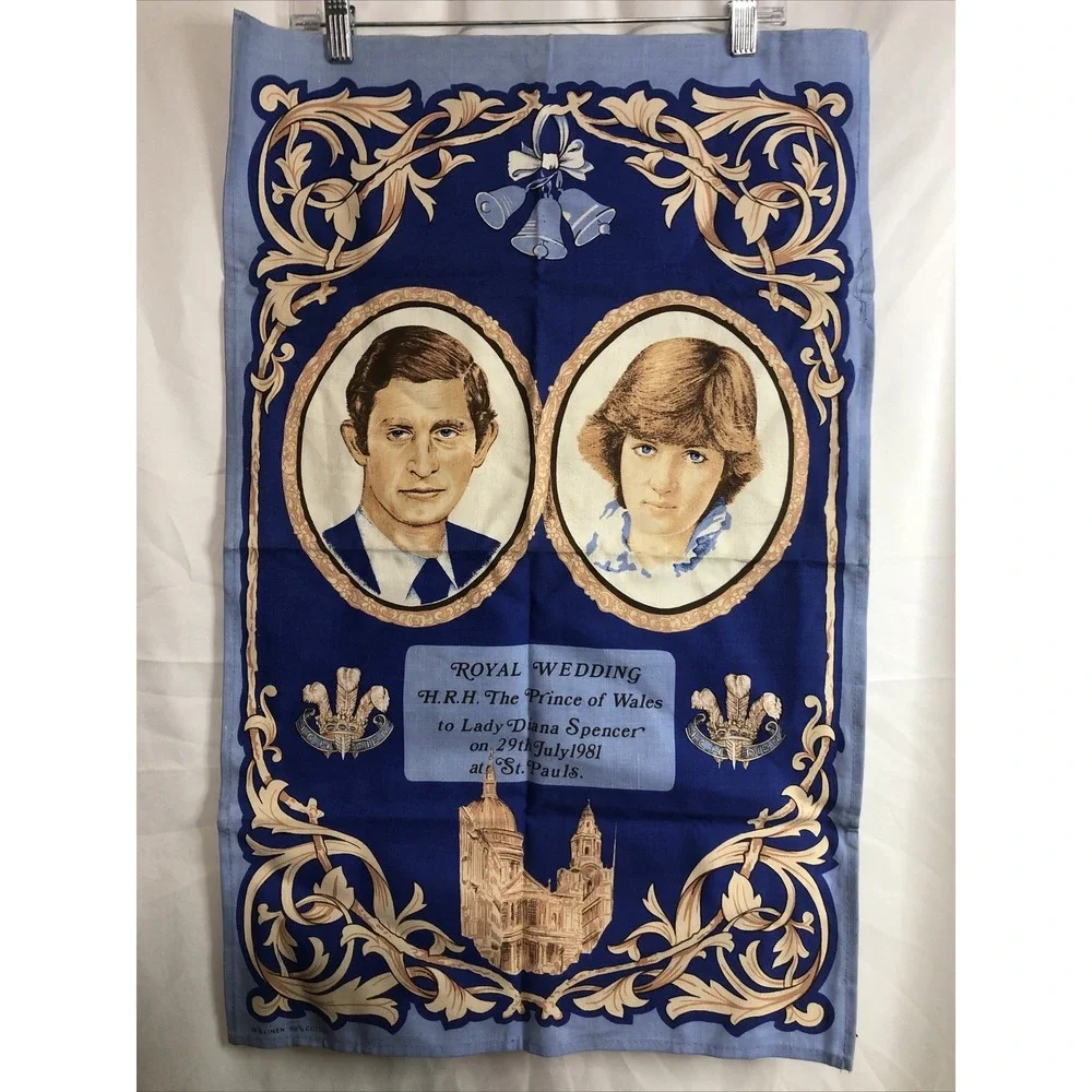 Vintage Royal Wedding‎ Tea Towel 1981 Prince Charles Lady Diana Blue Excellent